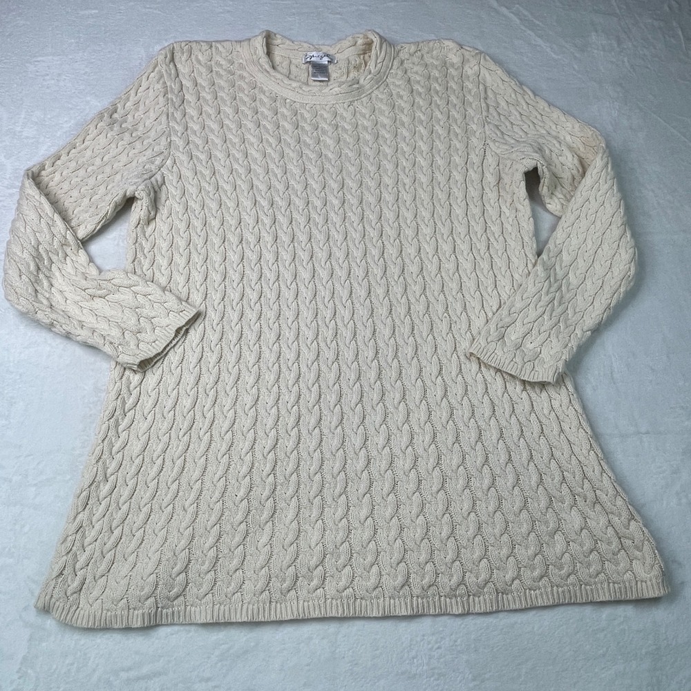 Spiegel Women XL Cream Cable Knit Sweater 100% Cotton Crew Neck Long Sleeve